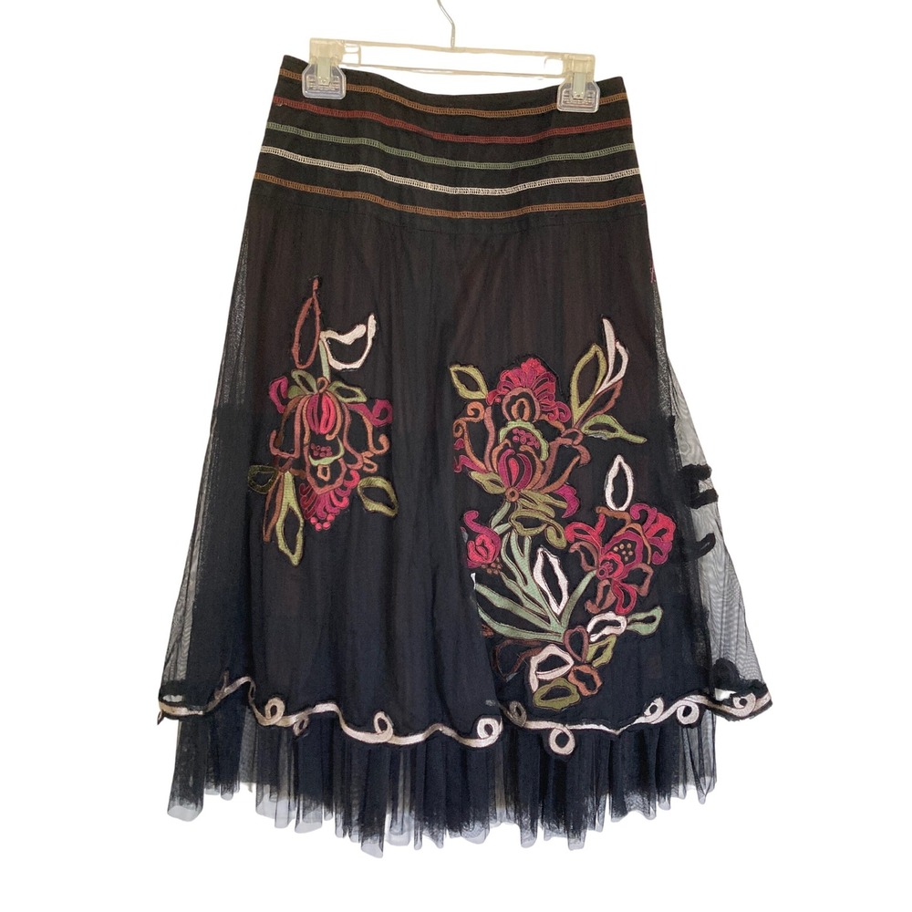 Basil & Maude Black Floral‎ Embroidered Mesh Tulle Hem Midi Skirt Size 4 Boho